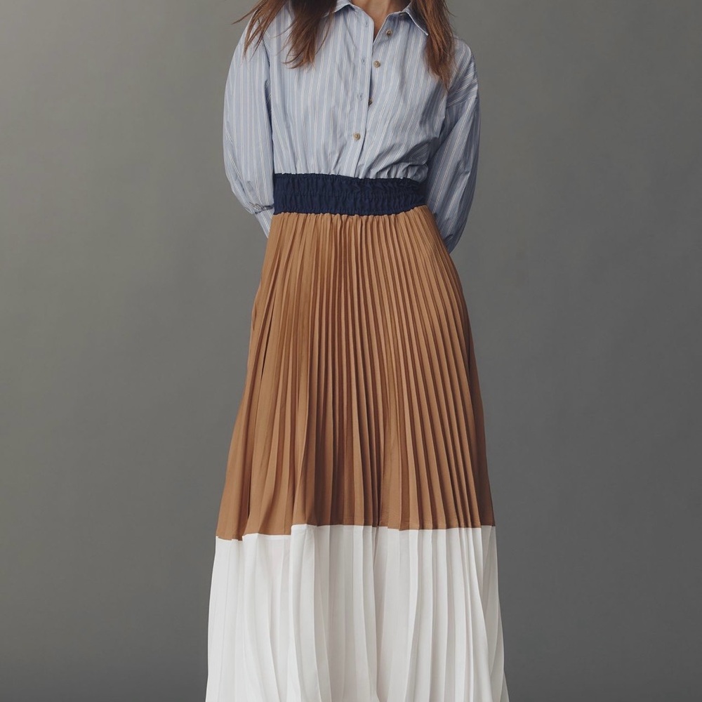 Anthropologie Navy, Brown and White Colorblock Pleated Maxi Dress